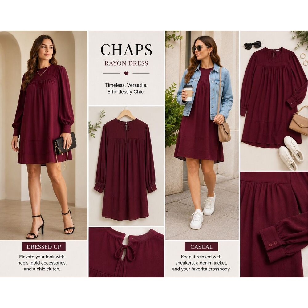 Chaps Burgundy Shift Dress Large 100% Rayon Long Sleeve Keyhole Back Flowy Boho